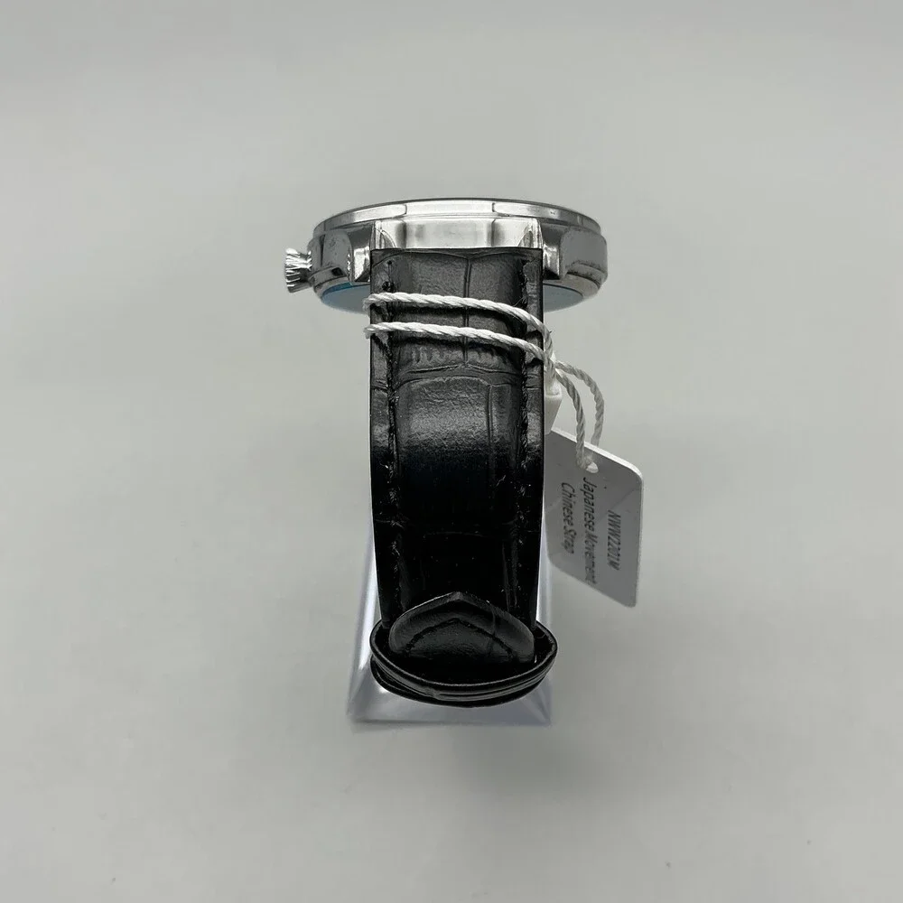 Nine West Womens Watch 42mm Silver Tone Black Dial Black Leather NWW2201W